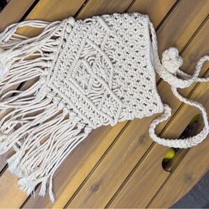Handcrafted Cream Macramé Crossbody Bag with Fringe